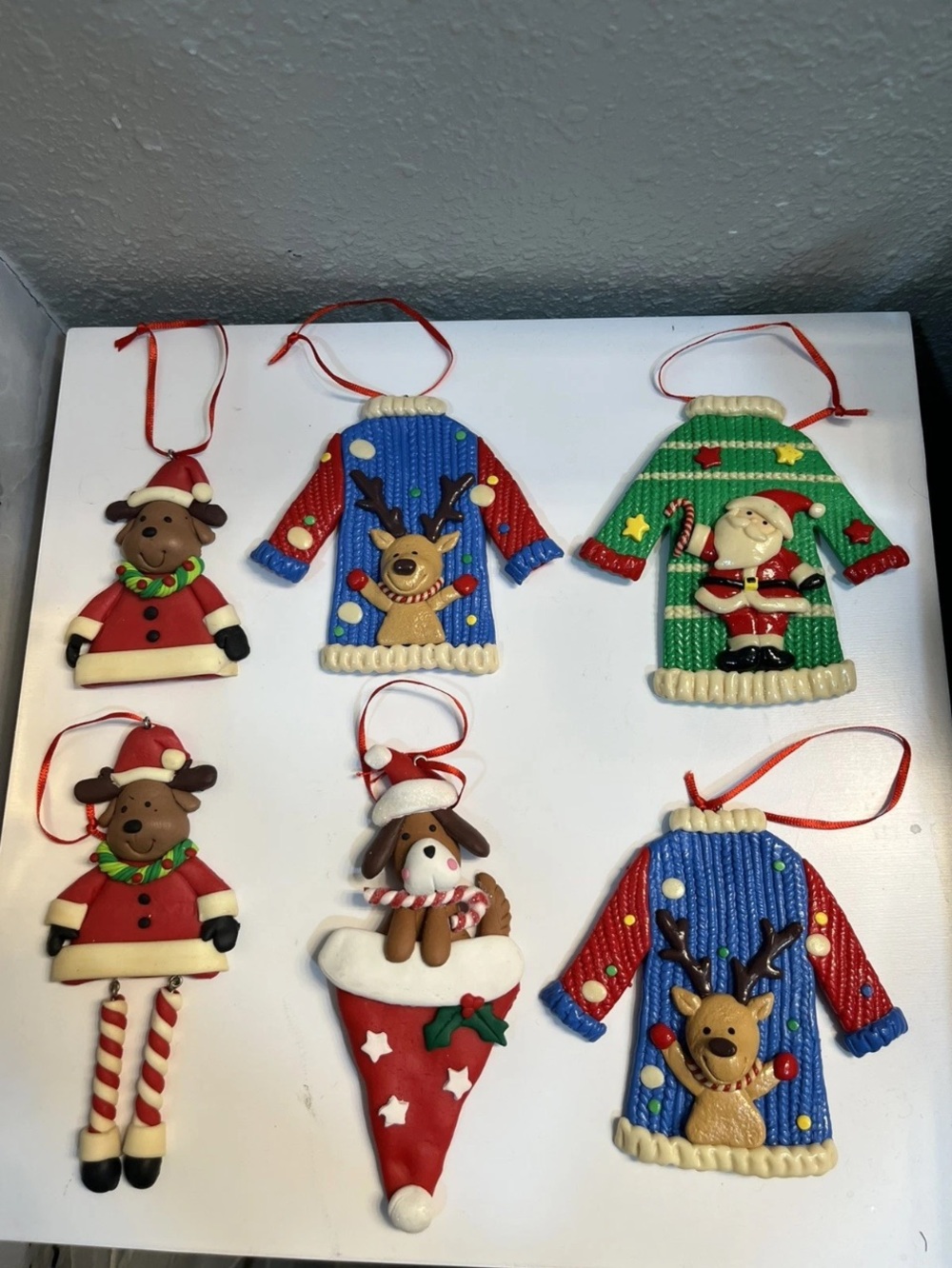 Lot Of 6 VTG Clay Ornaments Ugly Sweater Dog Christmas